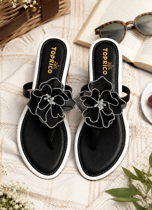 T-strap Black Flower Flats