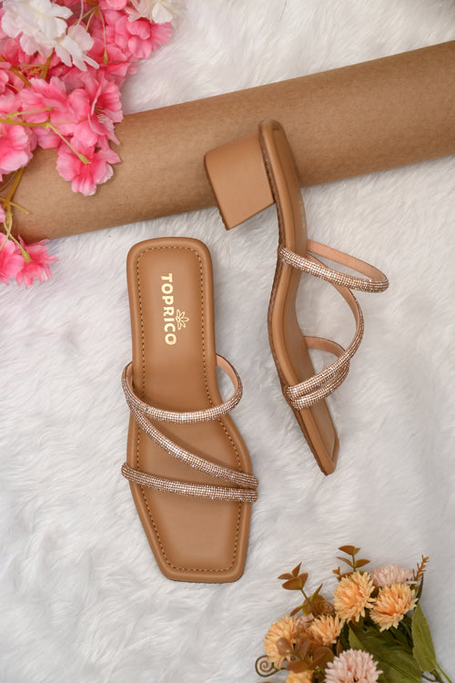 Three Strap Sparkly Heels- Tan
